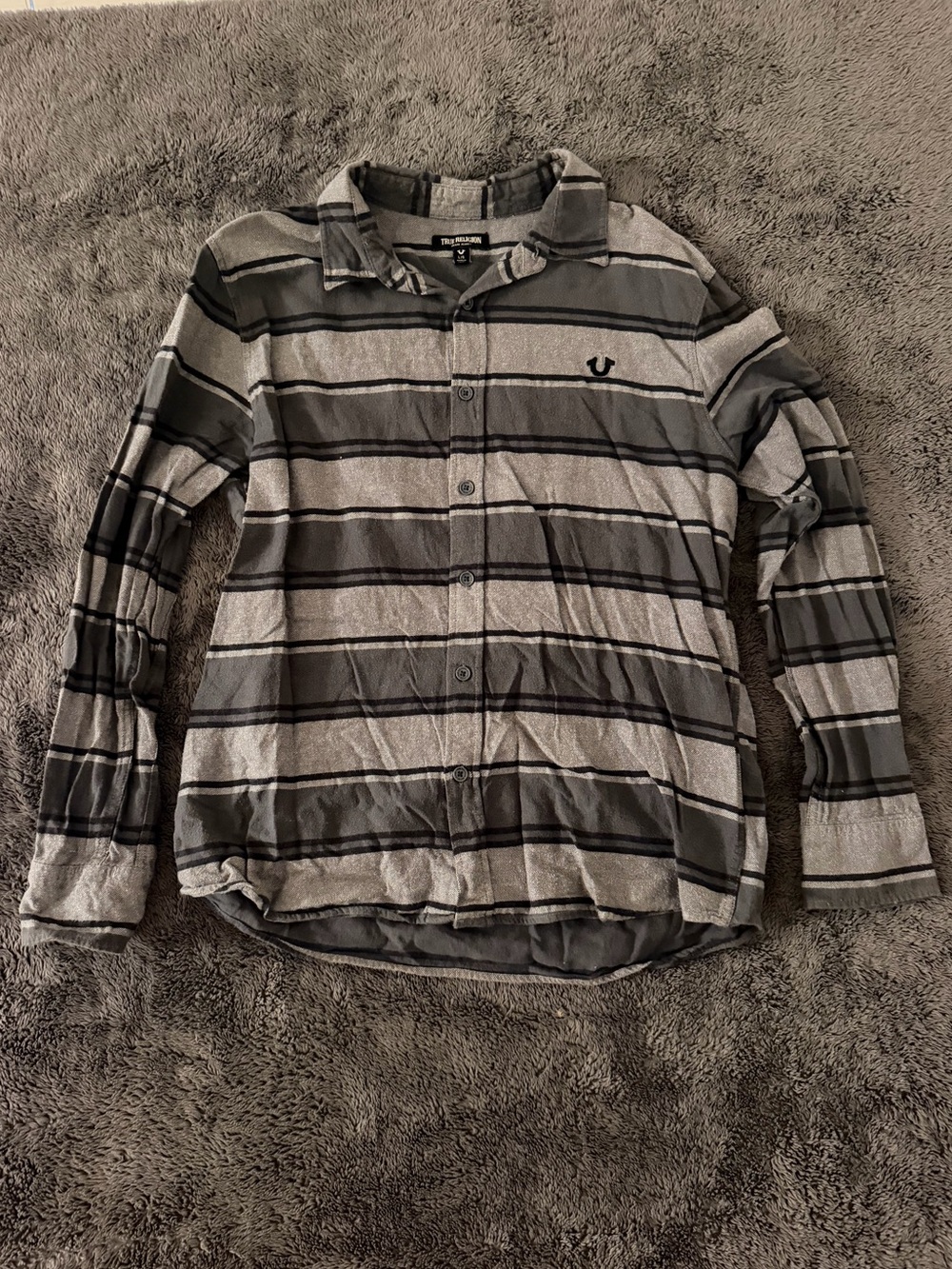 True Religion Men's Gray and Black Striped Button-Down Shirt